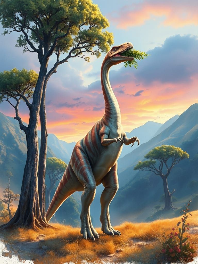 Brachiosaurus Reaching for Leaves in Surreal Valley
