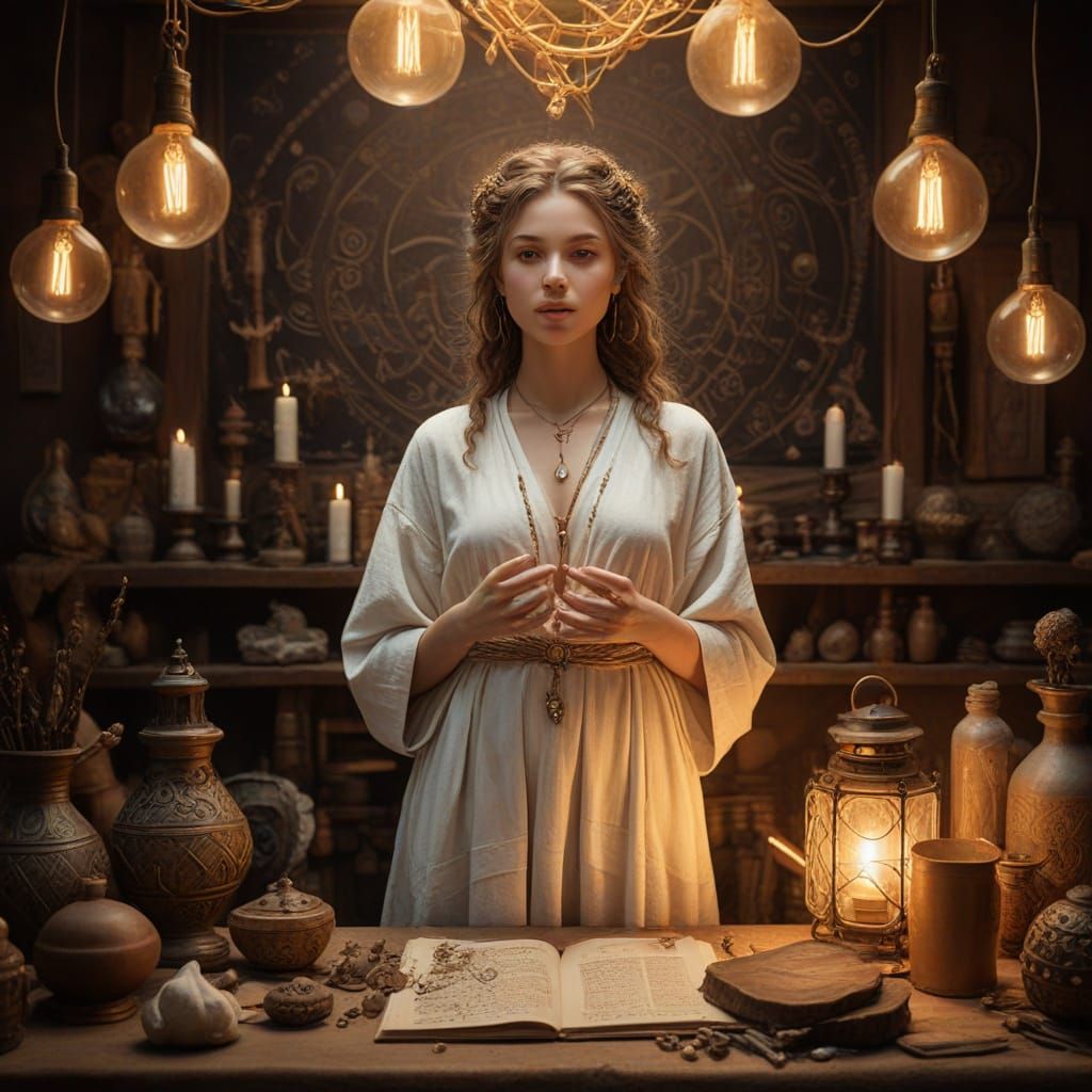 Whimsical Alchemist Goddess in a Fantastical Lair