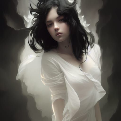 Ghost Girl Descending from Clouds, Hyperdetailed Concept Art