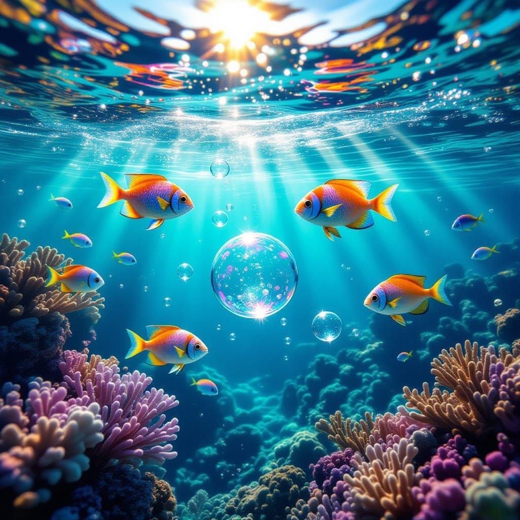 Glittering Bubbles with Vibrant Fish in Crystal Clear Water