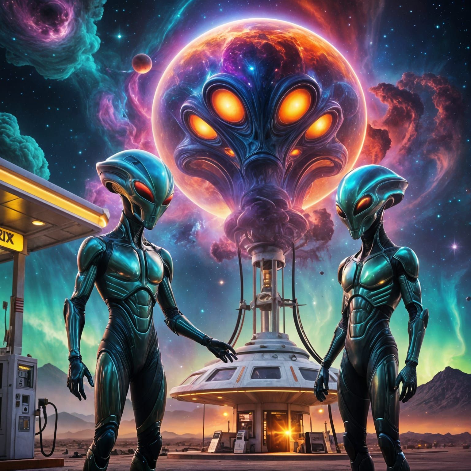 Exotic Aliens at a Nebula Gas Station in Cyberpunk Style