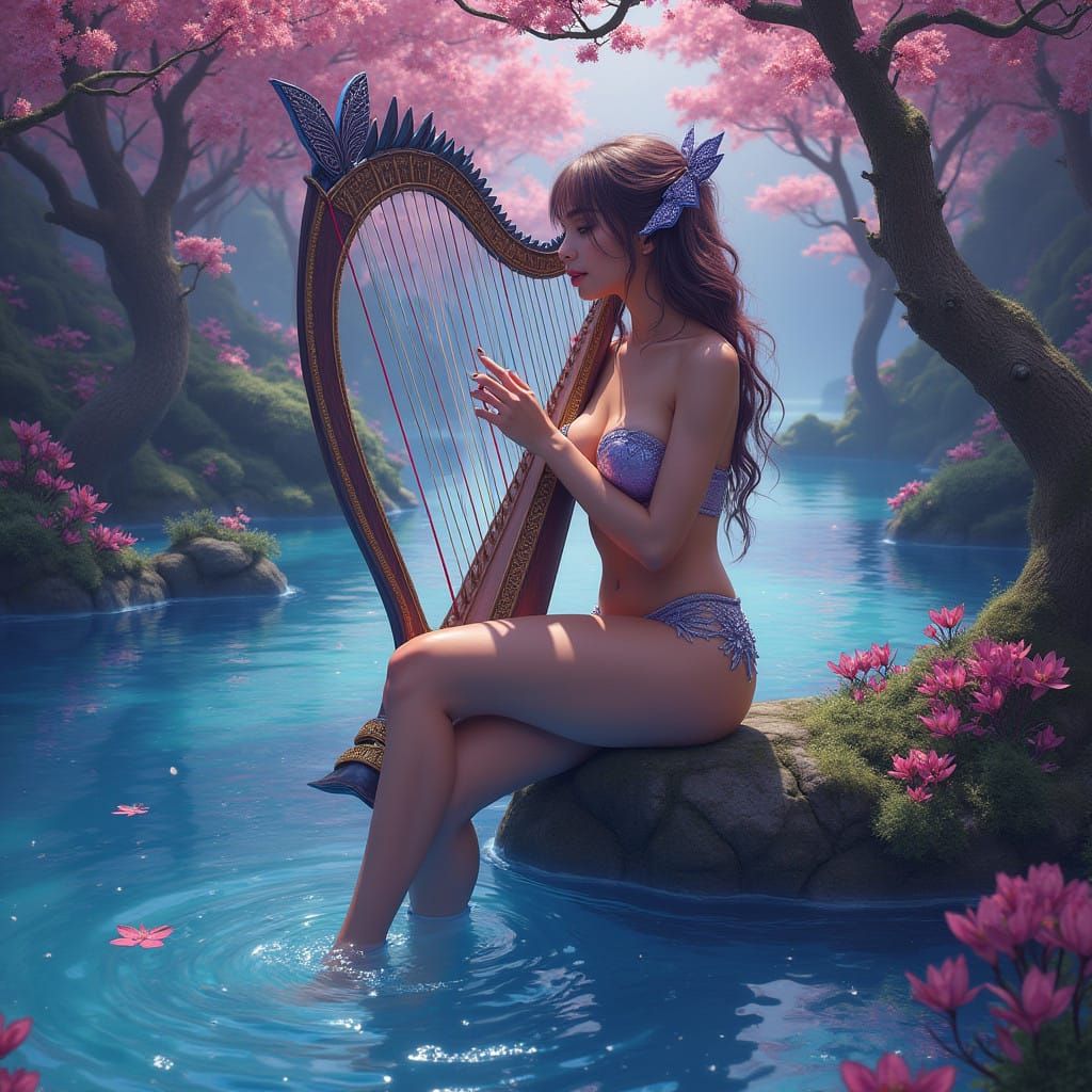 Dreamy Naiad Plays Moon Harp in a Triadic Hues Bonsai Oasis
