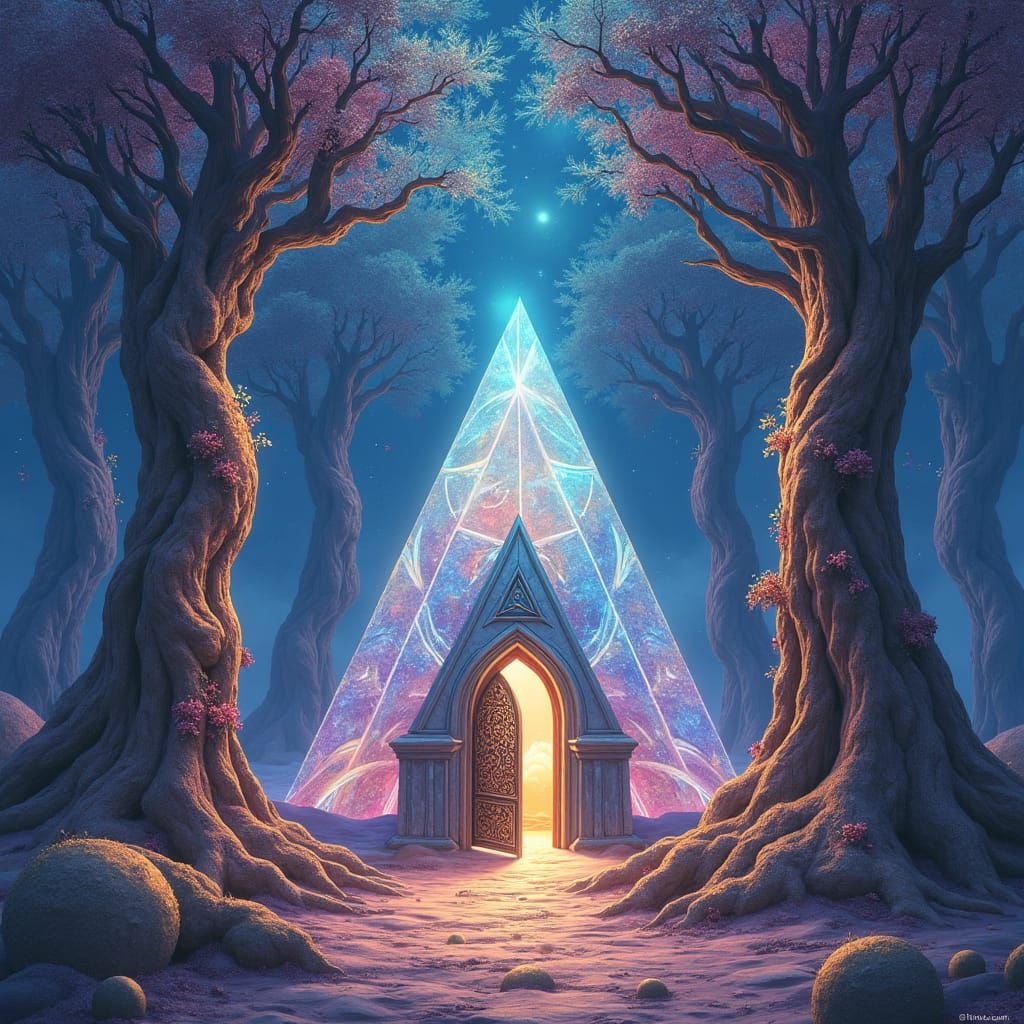 Elfish Trees Connected by Pyramid in Astral Landscape