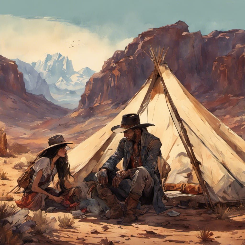 Cowboy and Cowgirl Desert Scene in Watercolor Style