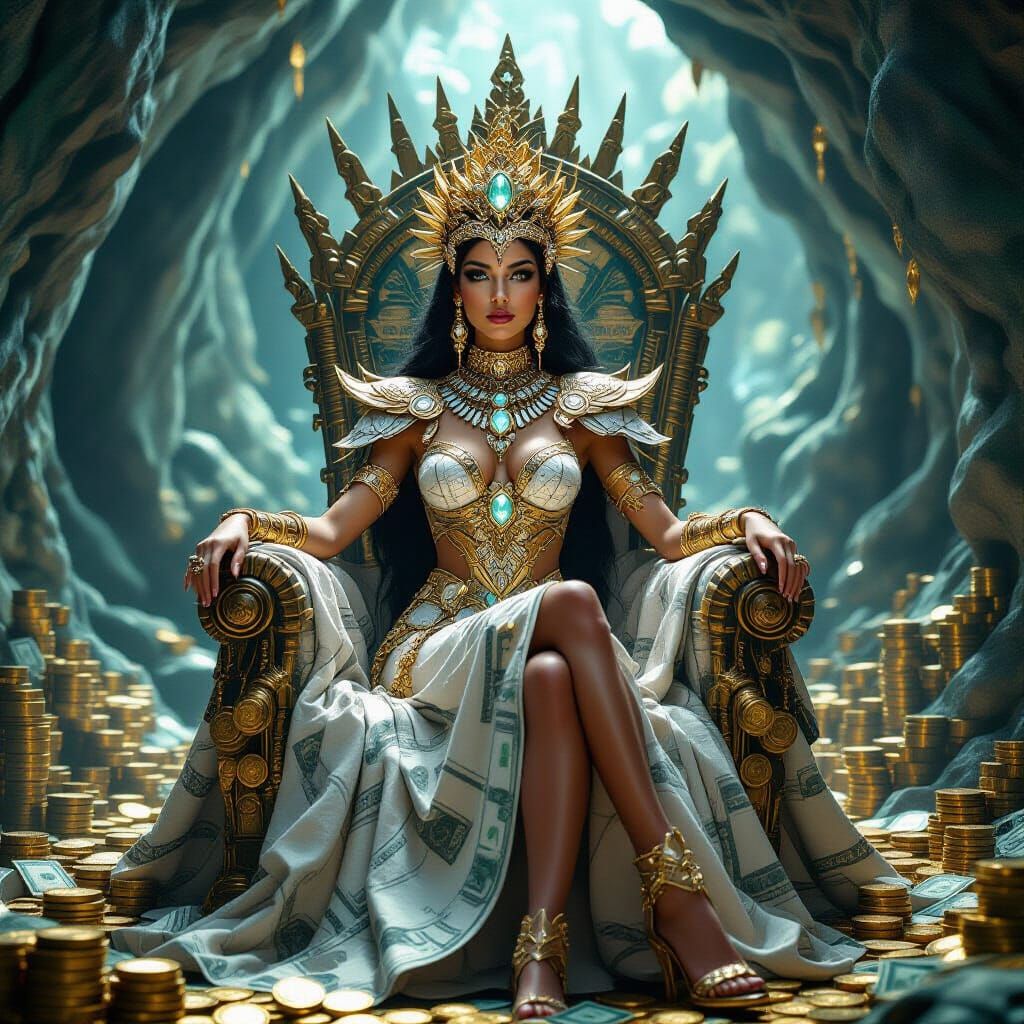 Alien Queen on Banknote Throne in Opulent Fantasy Art