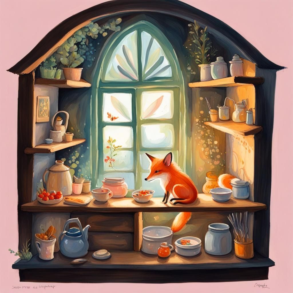 Fairy House Gouache Painting with Fox