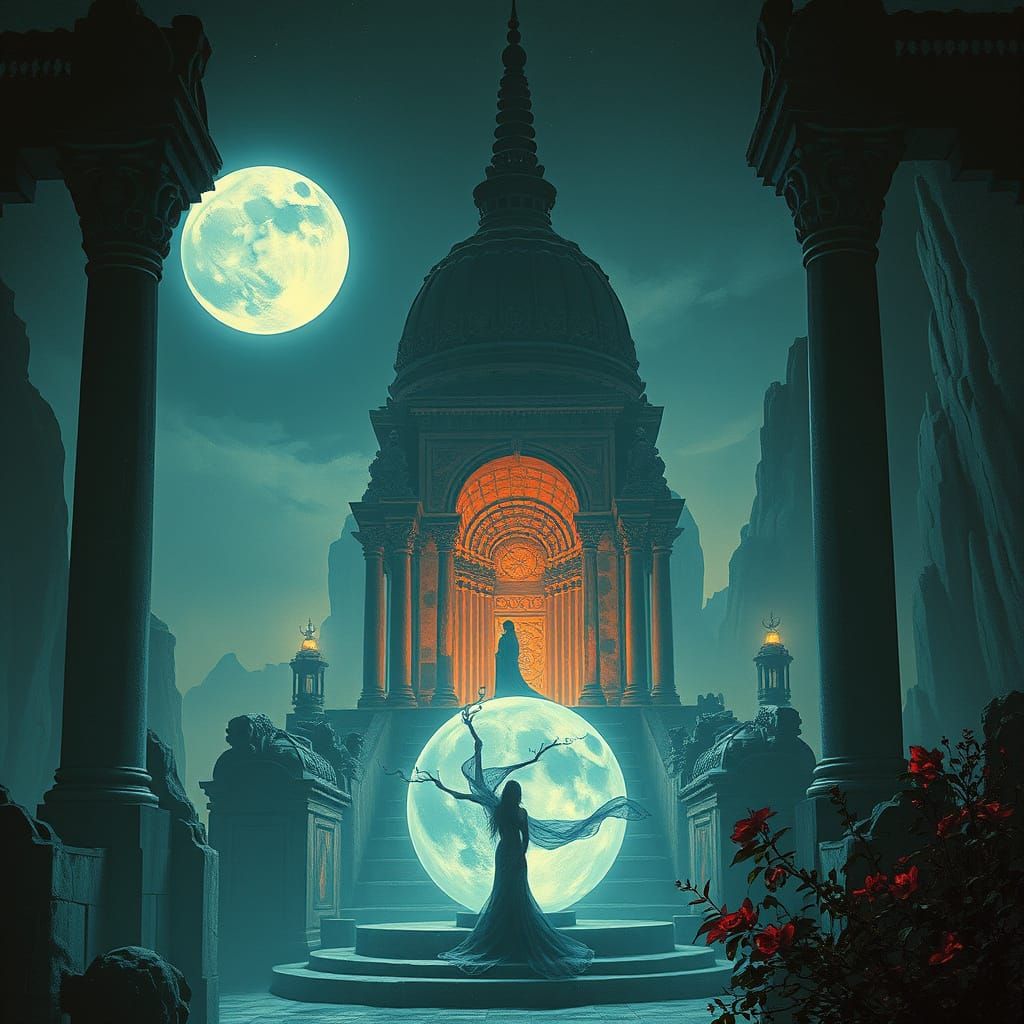 Enigmatic Seer in Moonlit Temple: Dreamlike Impressionism