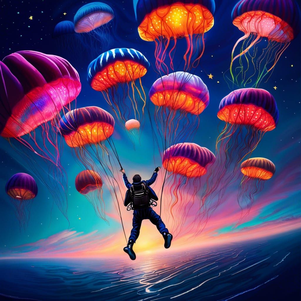 Skydiver in Jellyfish Sky: Hyperrealistic Night Scene