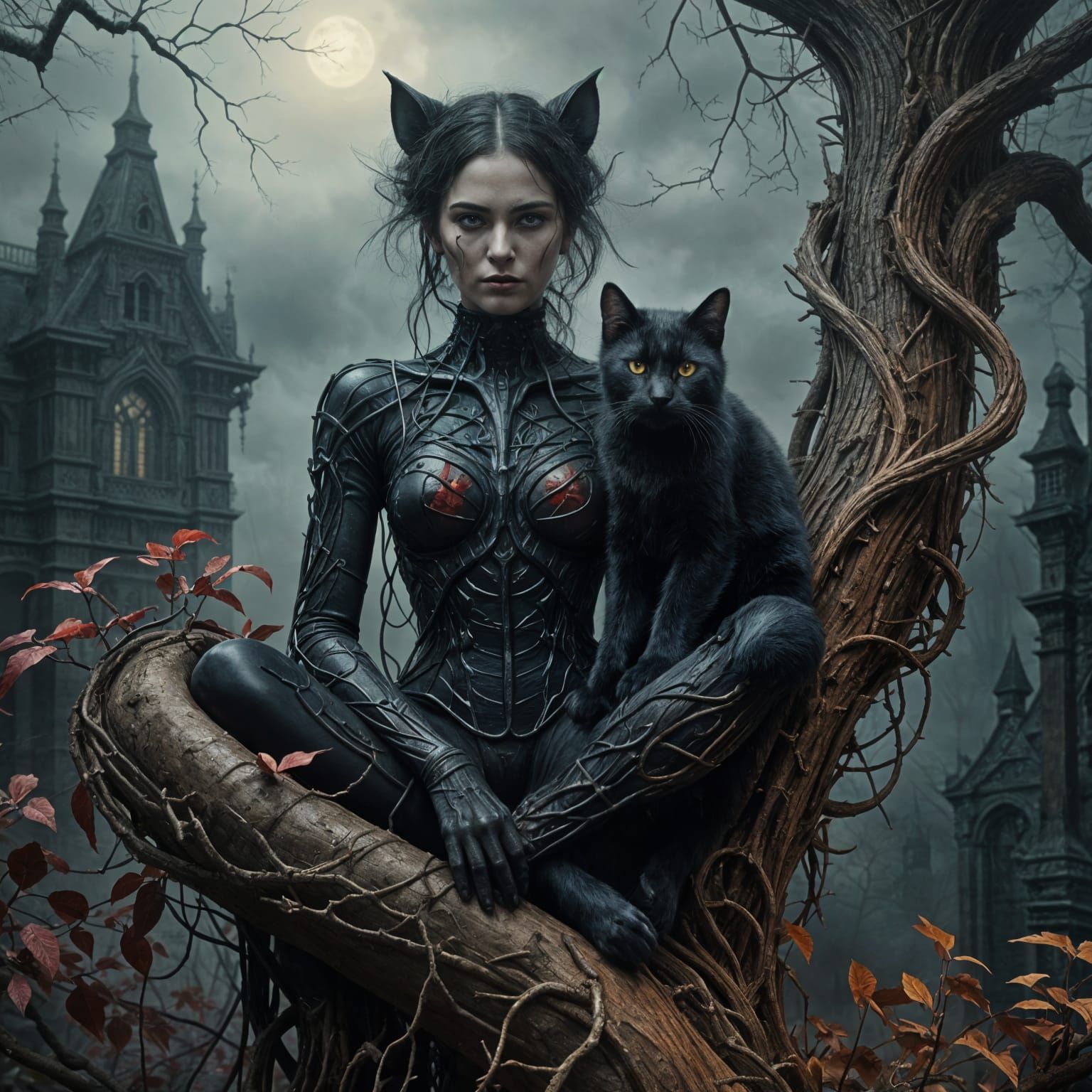 Dark Fantasy Portrait: Mystical Woman and Black Cat in Crims...