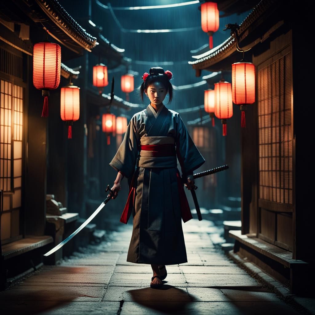 Geisha with Katana in Dark Alleyway: Cinematic Still
