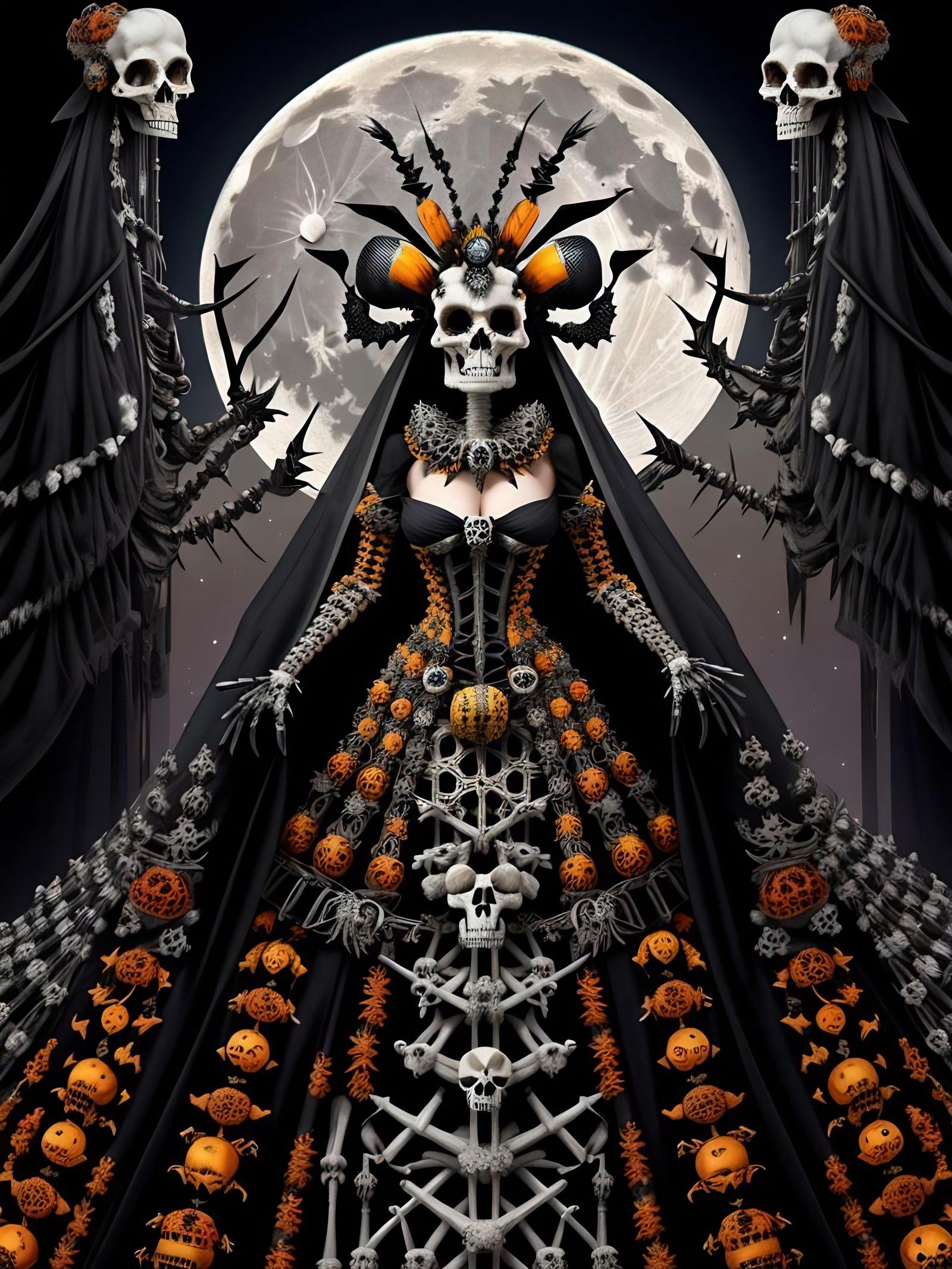 Queen Bee in Skull Dress Under Full Moon