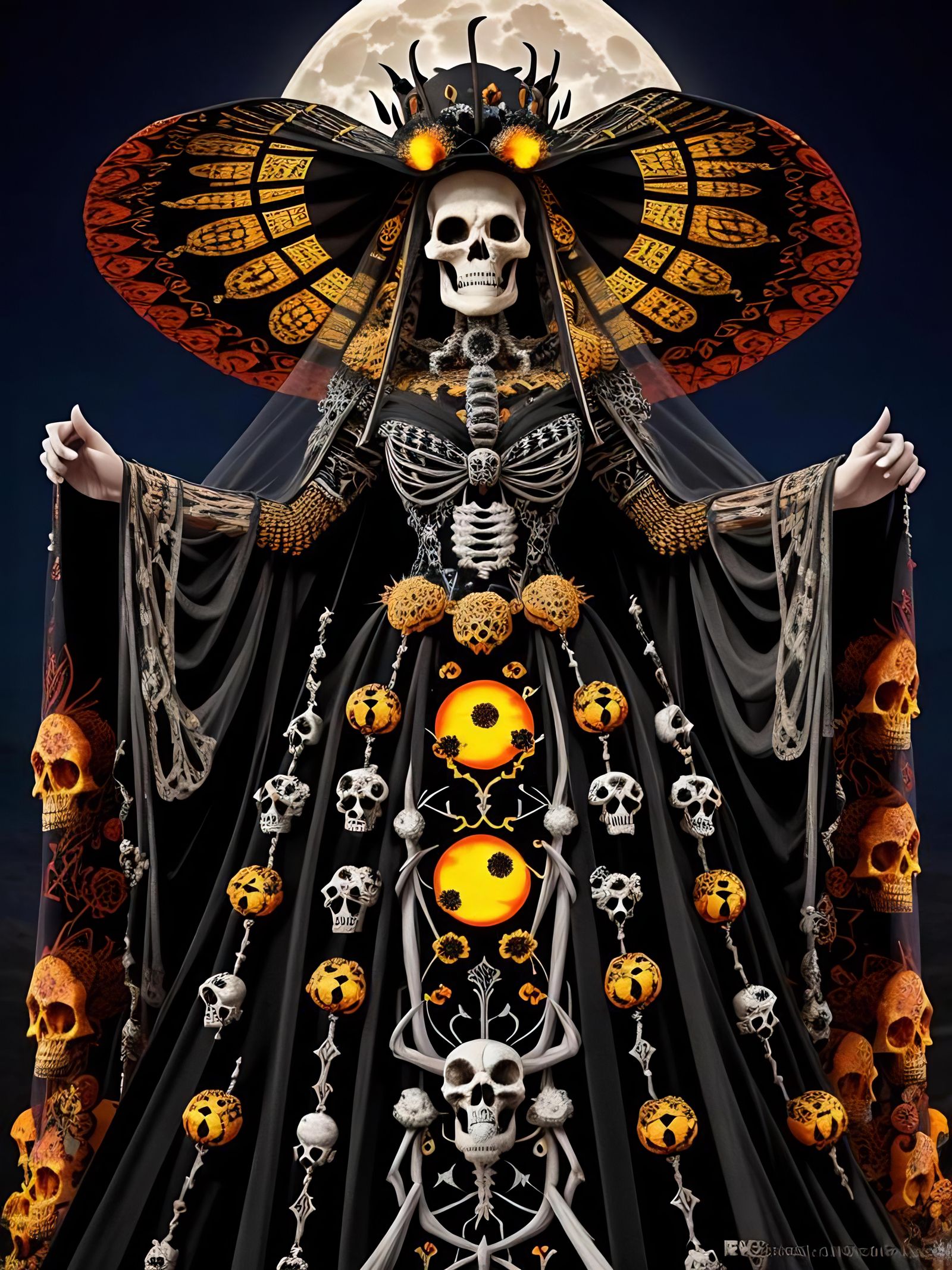 Surreal Queen Bee in Skull Dress Under Moon