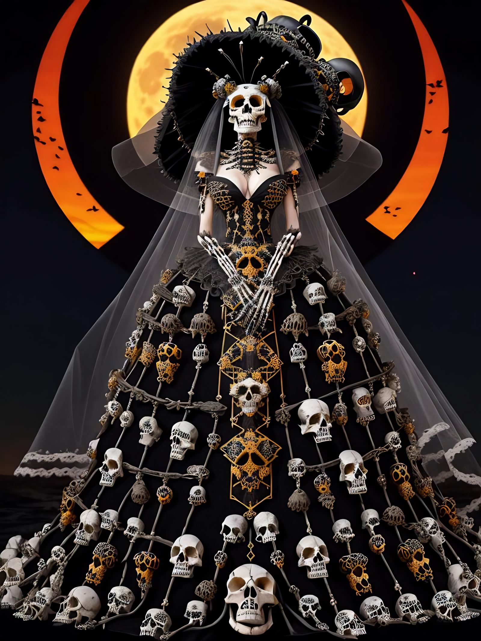 Queen Bee in Skull Dress Under Full Moon