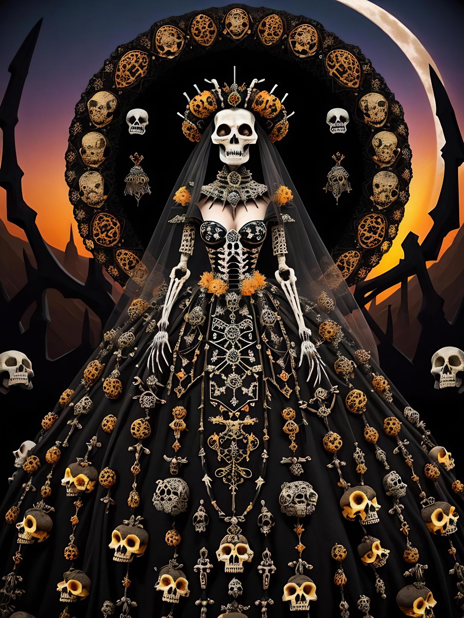 Queen Bee in Skull Dress Under Full Moon