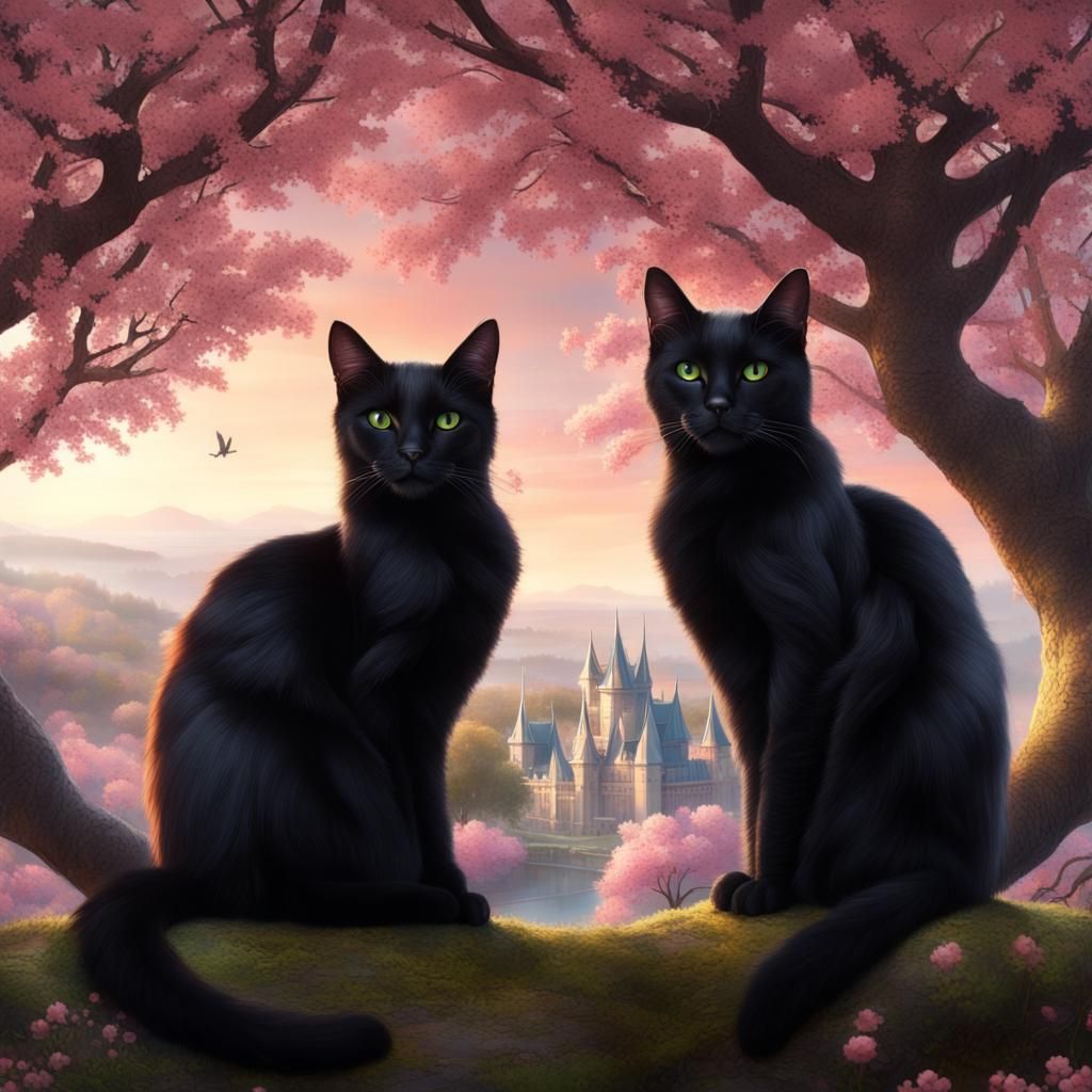 Black Cat Royalty Over Cherry Blossom Kingdom