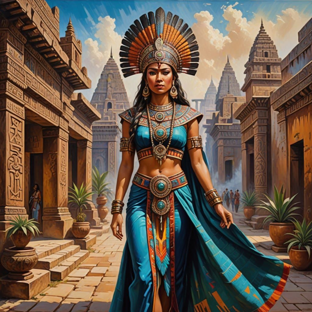 Aztec Ruler in Opulent Ancient City, Oil Painting
