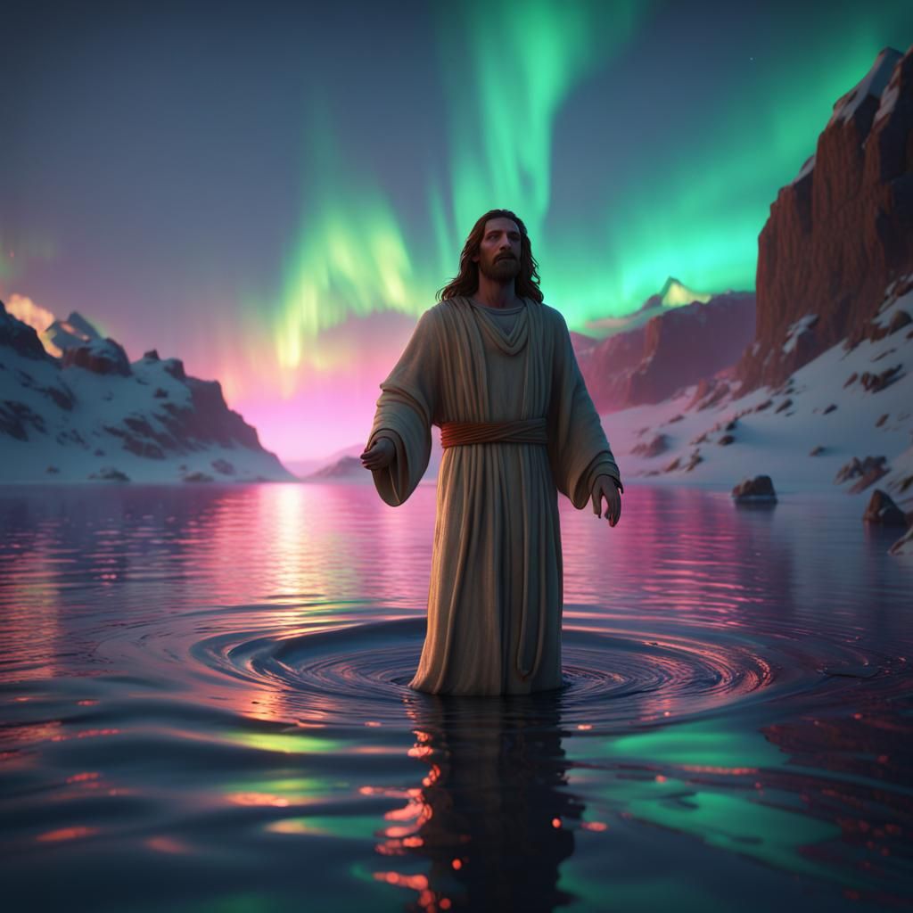 Jesus Walks on Water in Cyberpunk Style