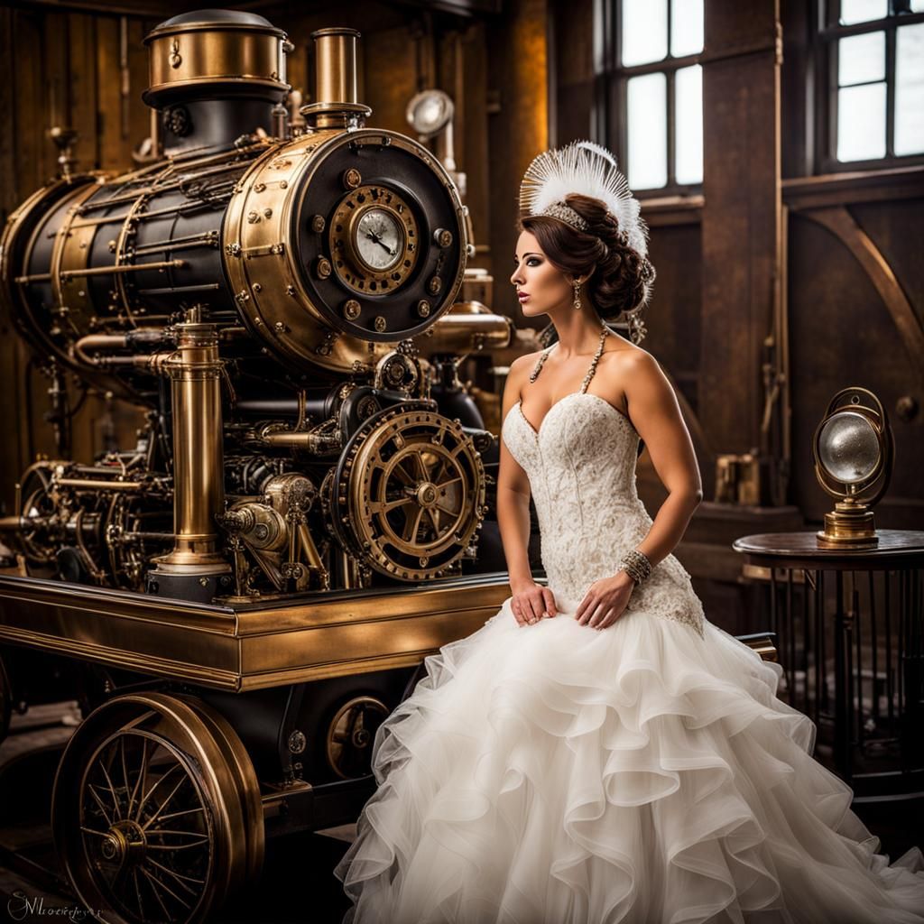 Steampunk Wedding: Bride and Groom with Engine