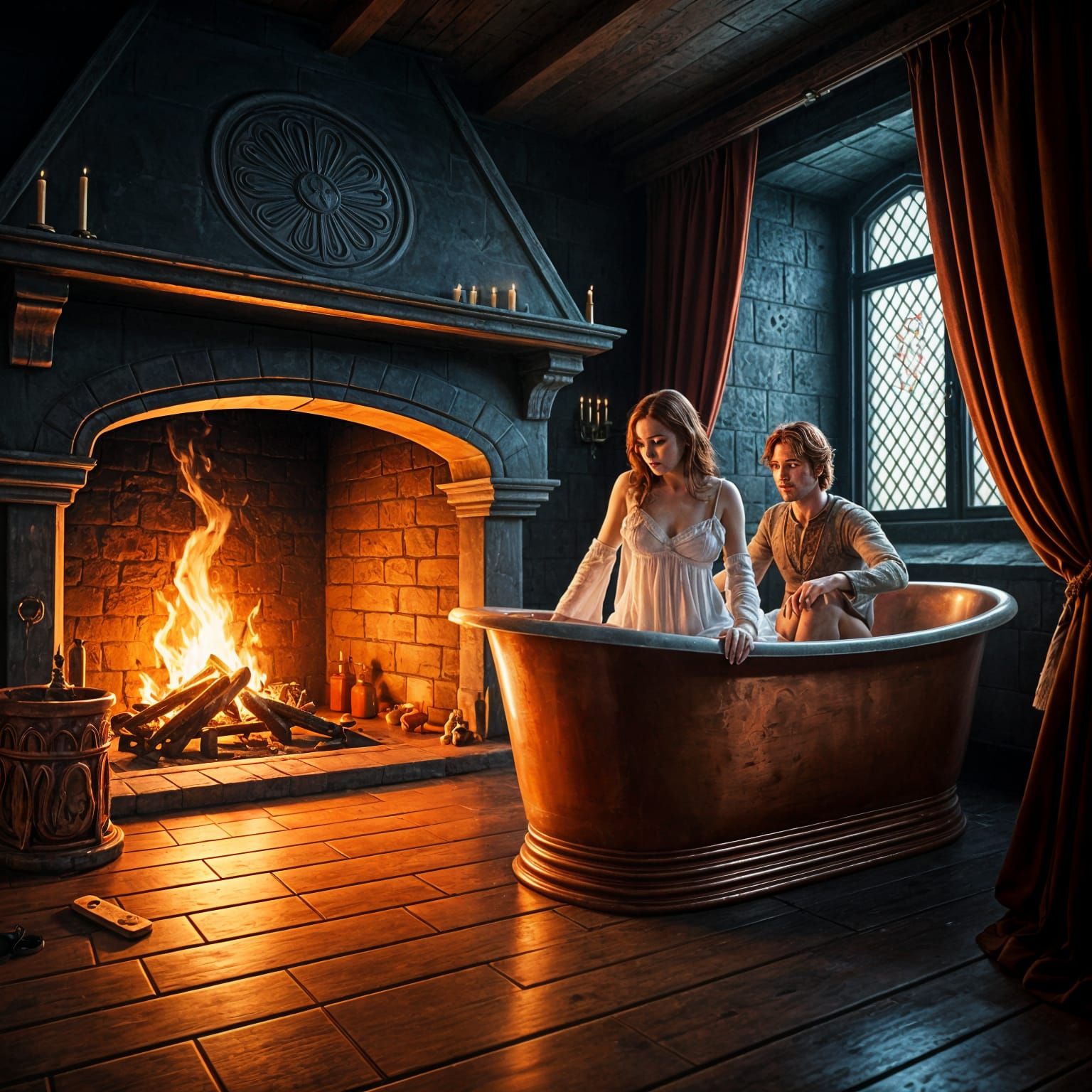 Medieval Castle Guest Chambers with Lavish Copper Tub Scene