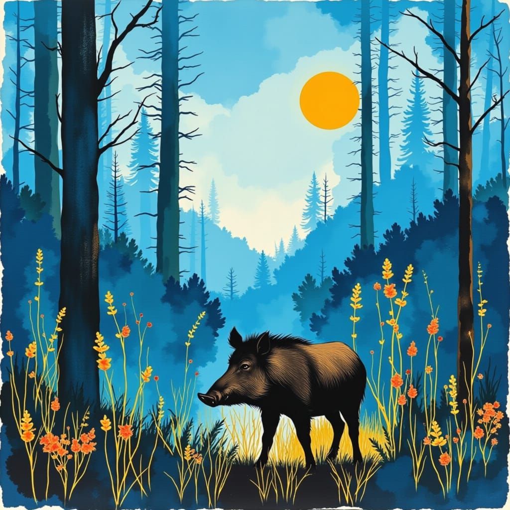 Wild Boar in Azure Forest Landscape
