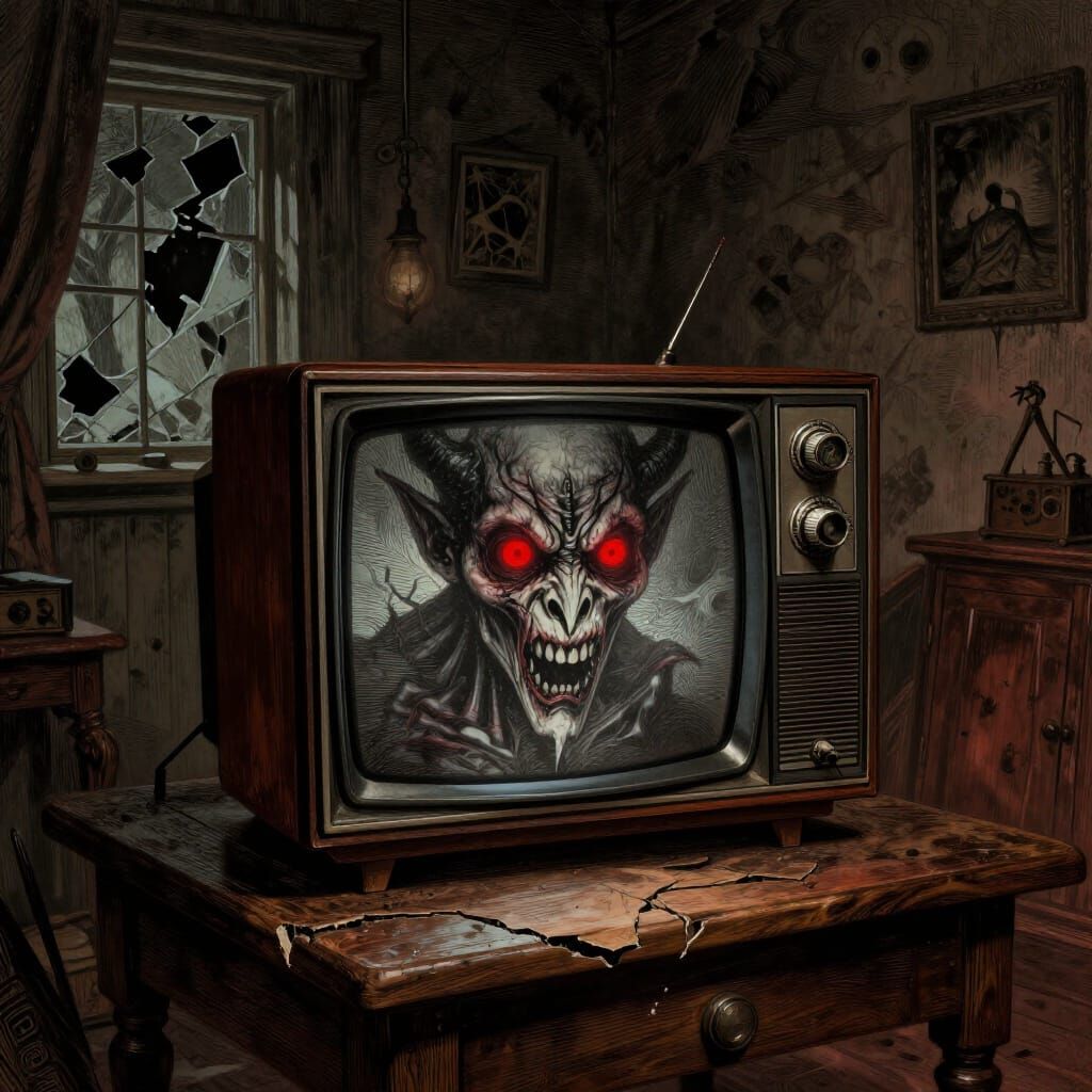 Grotesque Demon Emerges From Vintage TV Screen