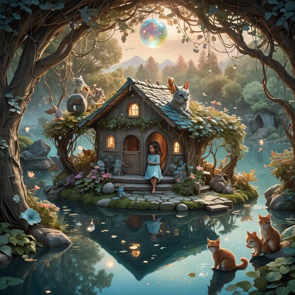 Floating Cabin with Girl, Cats and Squirrels