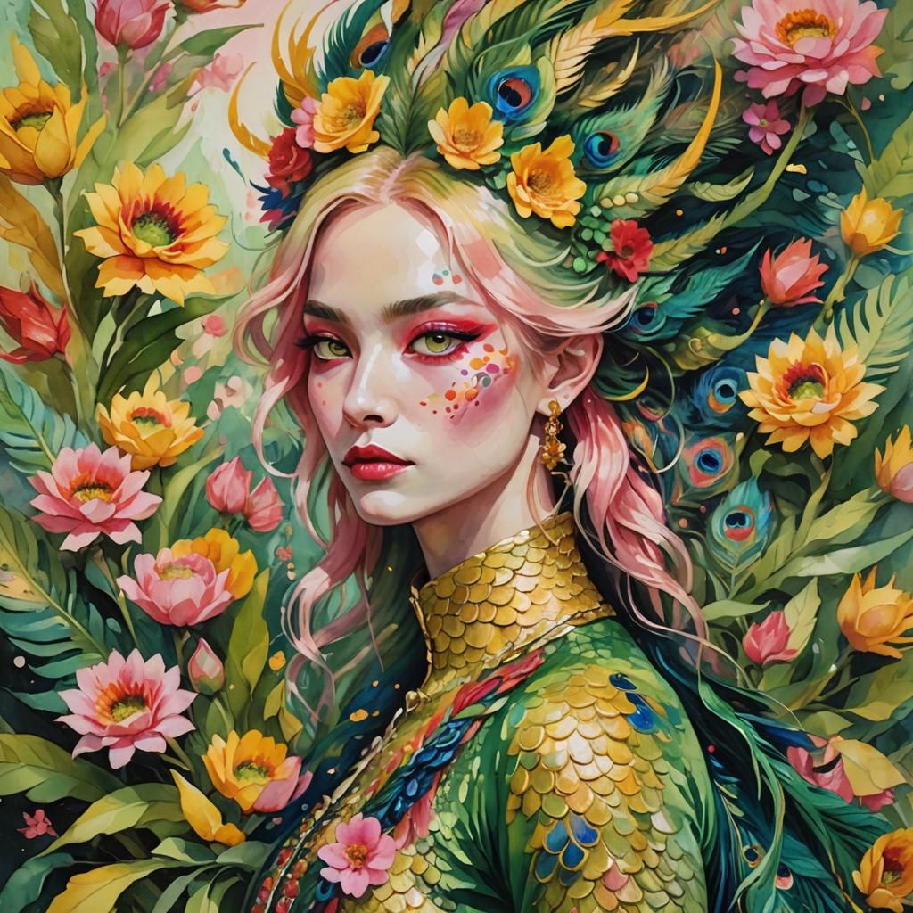 Dragon Peacock Woman: An Impressionist Gouache Portrait