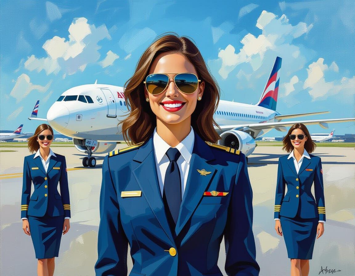 Impressionist Pilot and Flight Attendants on Tarmac