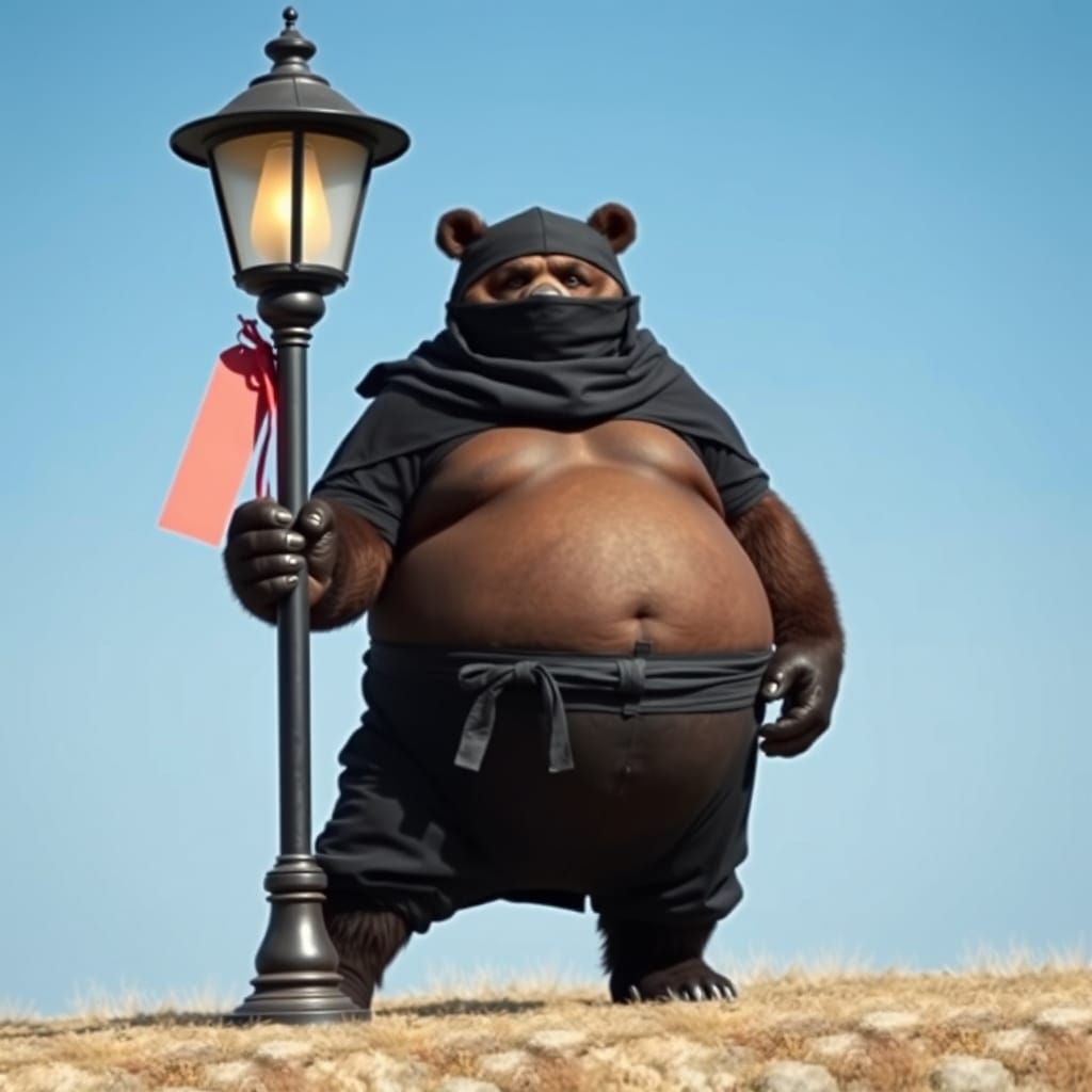 Humorous Ninja Bear Hiding Behind Lamppost