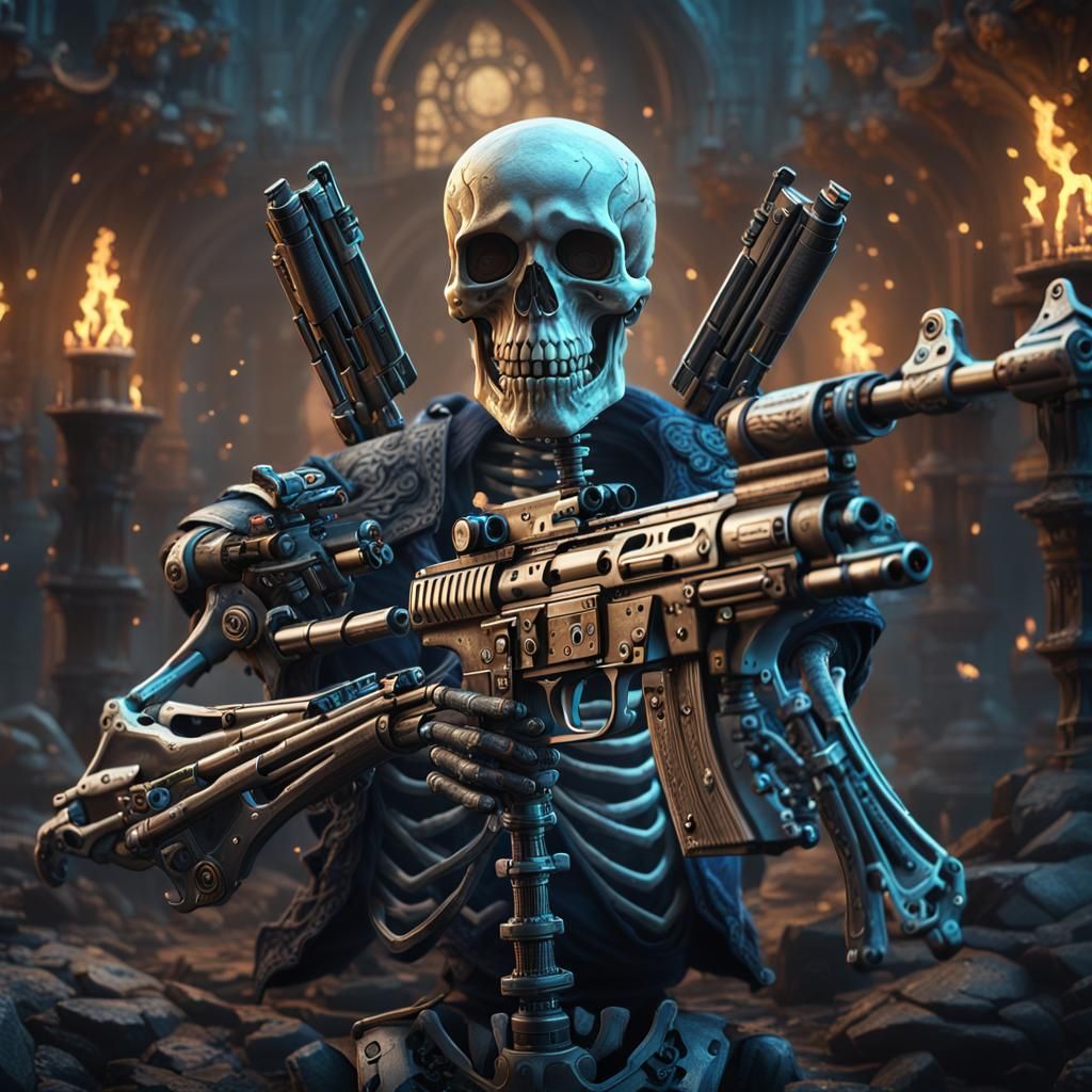 Skeleton holding two guns