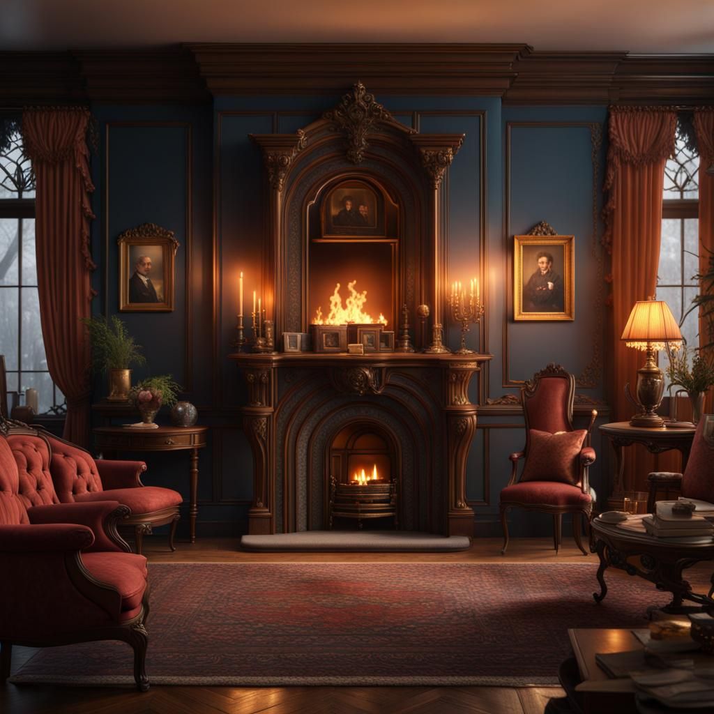Victorian Living Room with Fireplace: Detailed Matte Paintin...