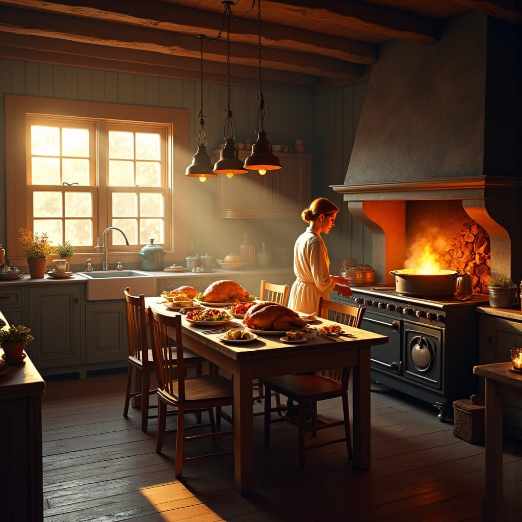 19th Century Quebec Kitchen with Roasted Turkey