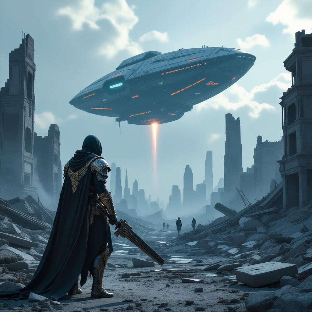 Warrior in Ornate Armor in Dystopian City Ruins