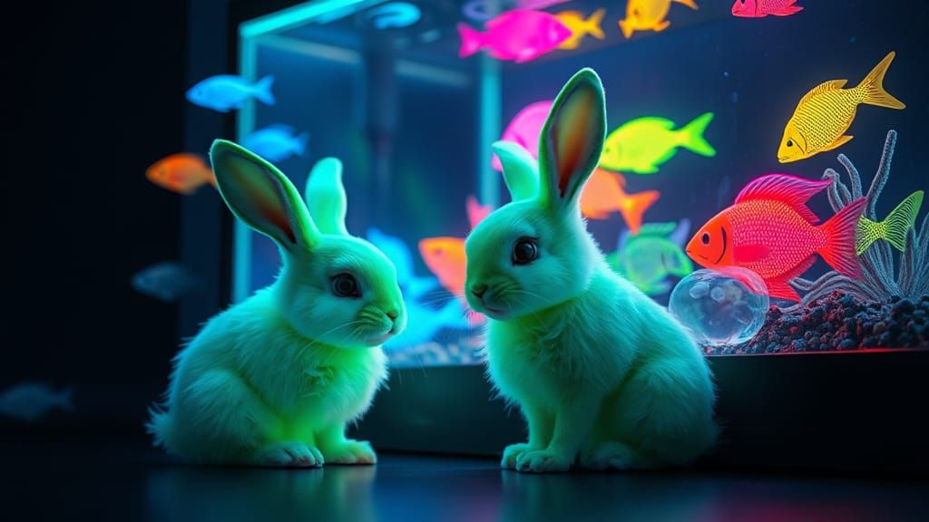 Fluorescent Bunny and Glowing Fish in Dreamlike Aquarium
