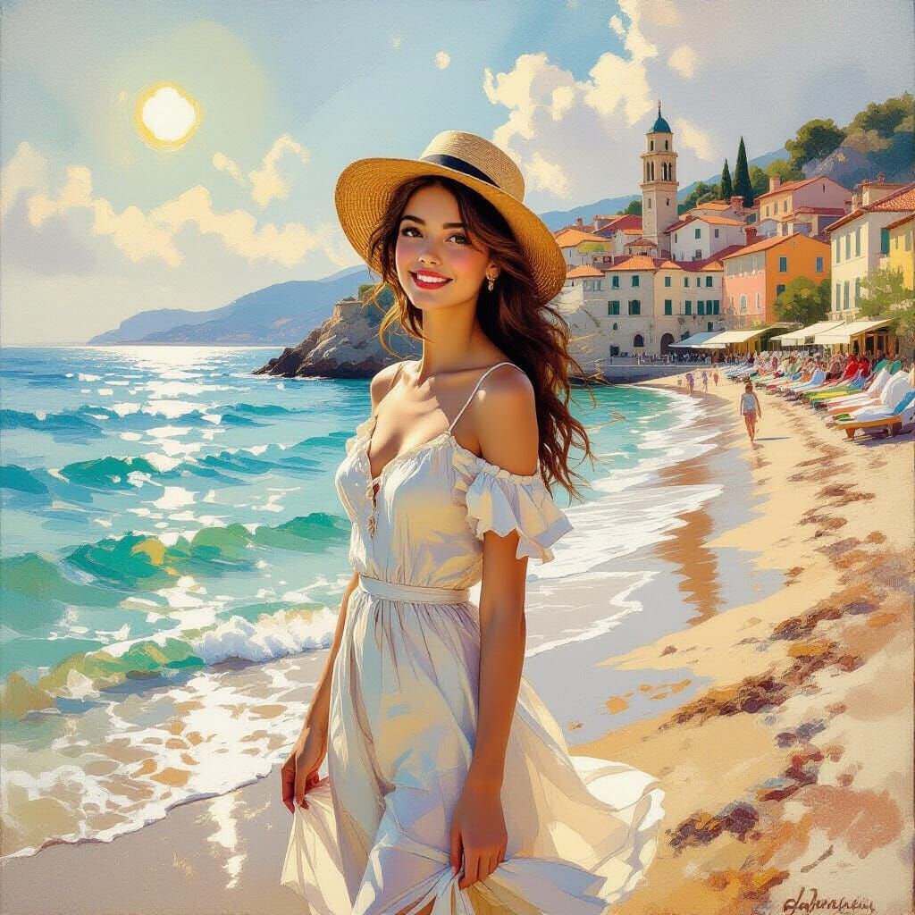 Coastal Woman in Spring: An Impasto Oil Painting