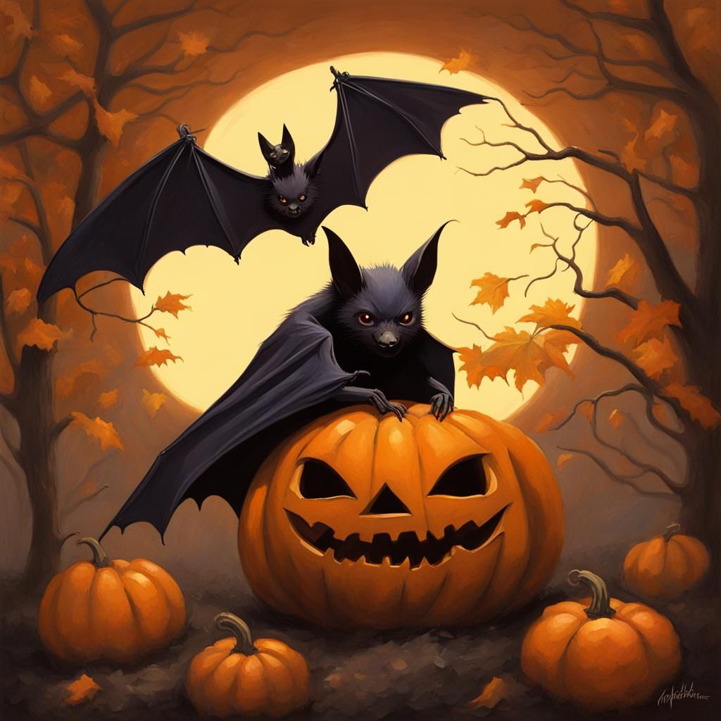 Bat's Pumpkin Dream: Oil on Canvas
