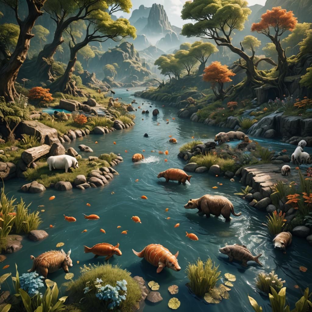 Fantastical River Scene with Swimming Animals