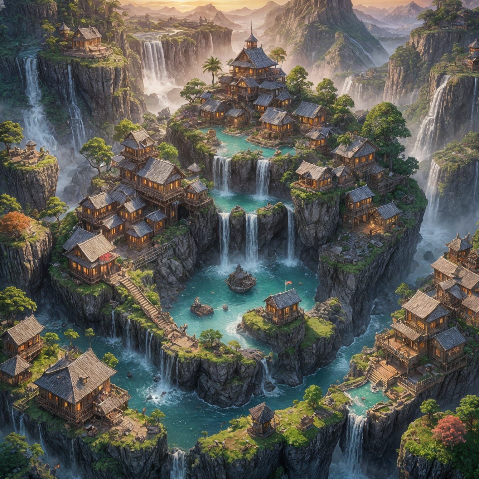 Floating Island Village at Sunset: Fantasy Concept Art