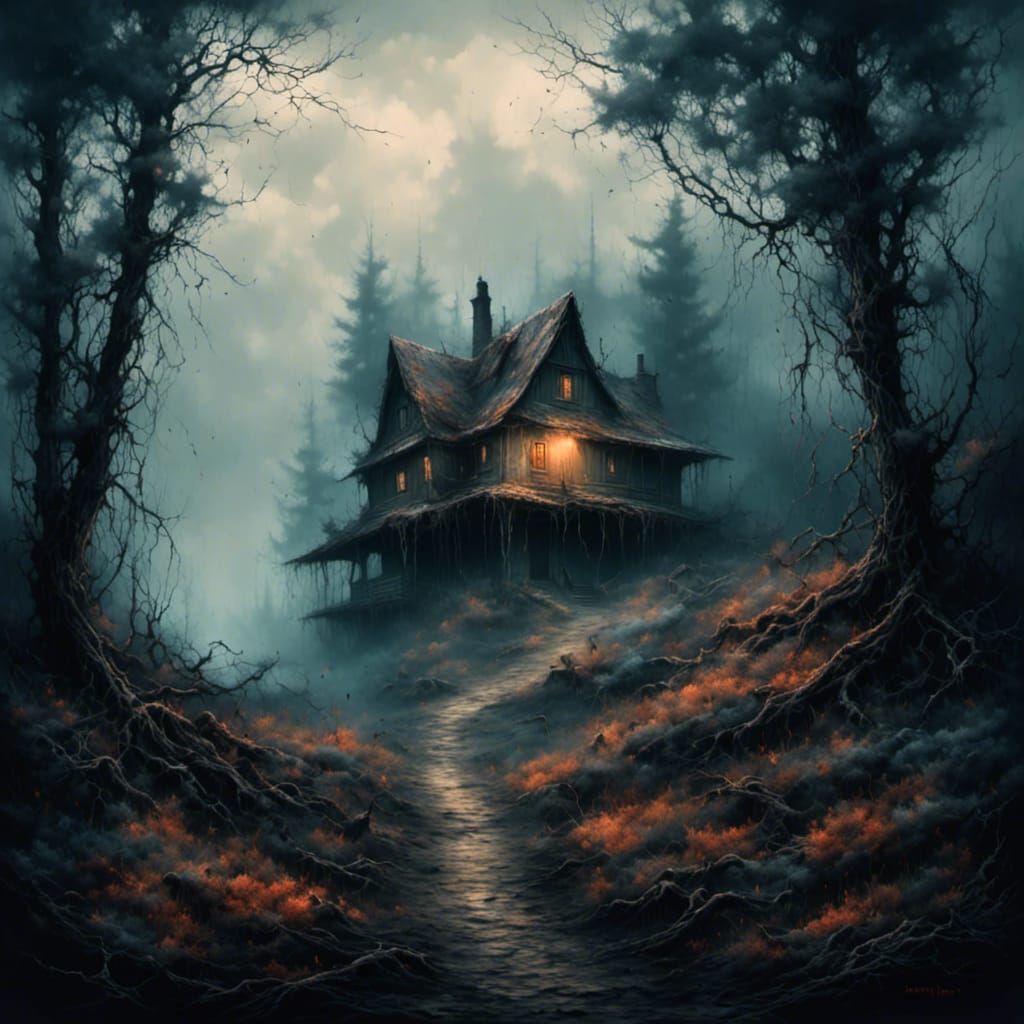 Foggy Forest Path to Distant Cottage