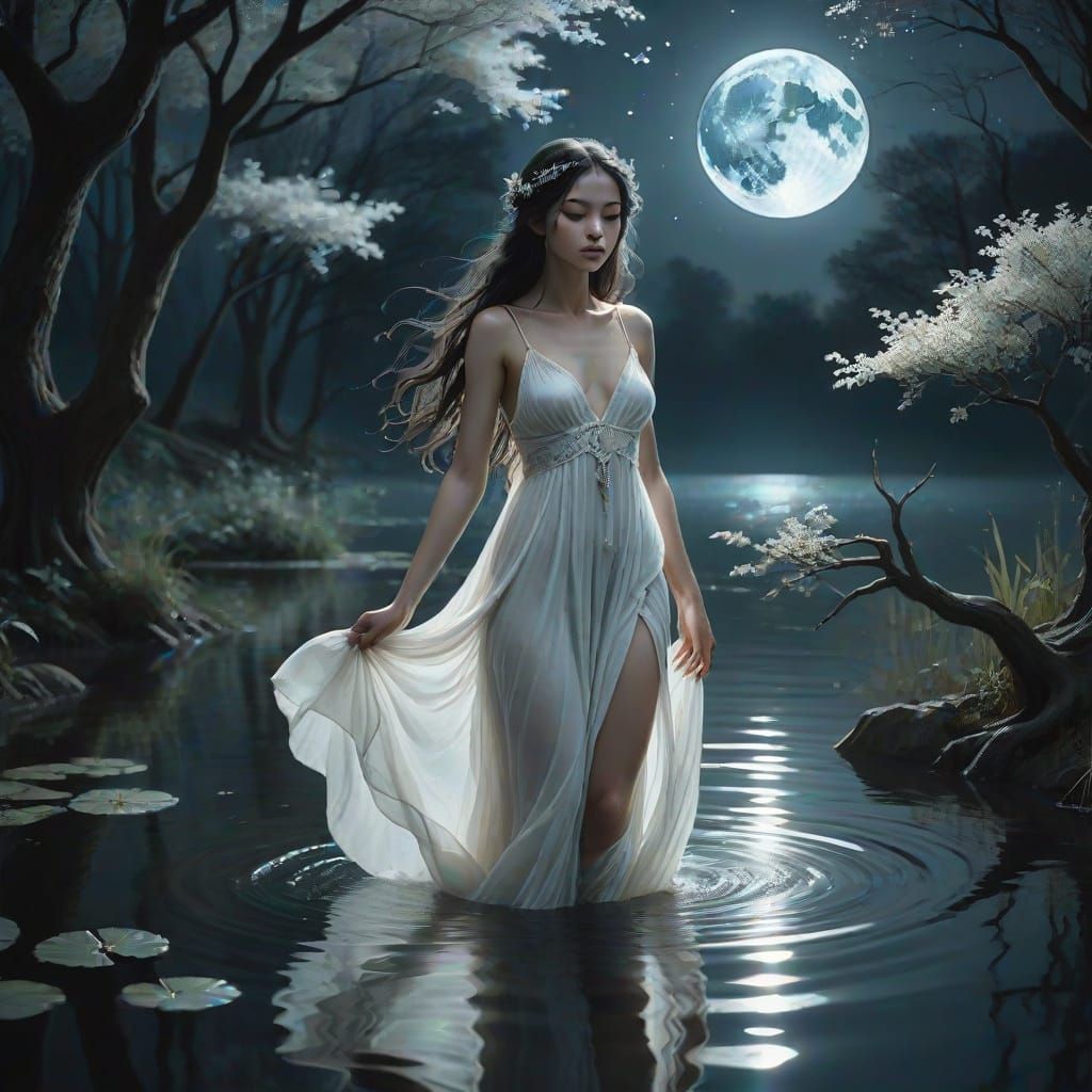 Mystical Nymph in Moonlit Pond: Mythical Realism