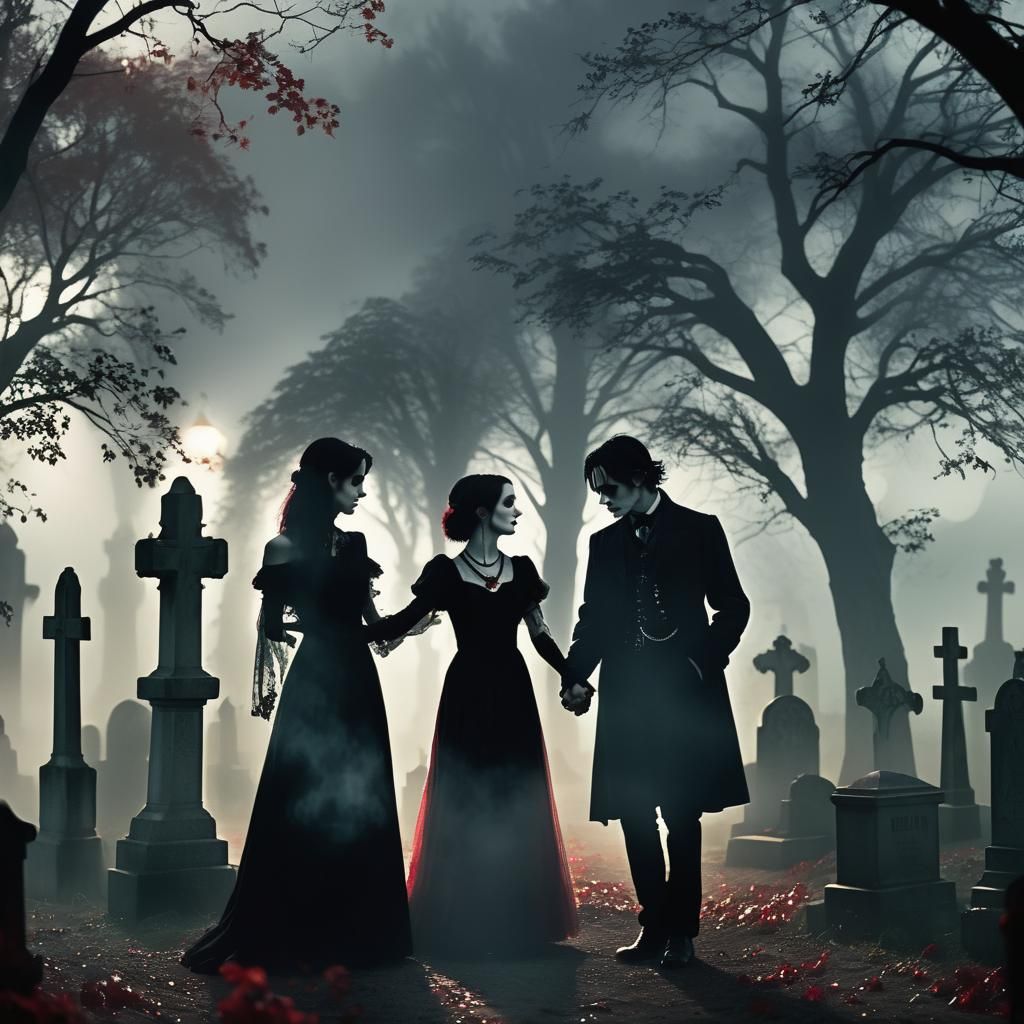 A goth couple slow dancing in a cemetery