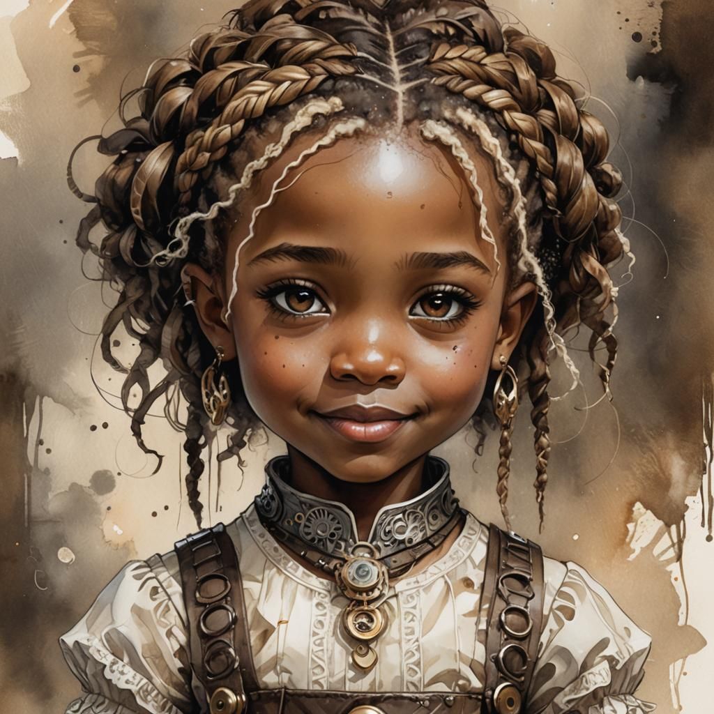 Chibi Toddler Portrait in Watercolor Steampunk Style