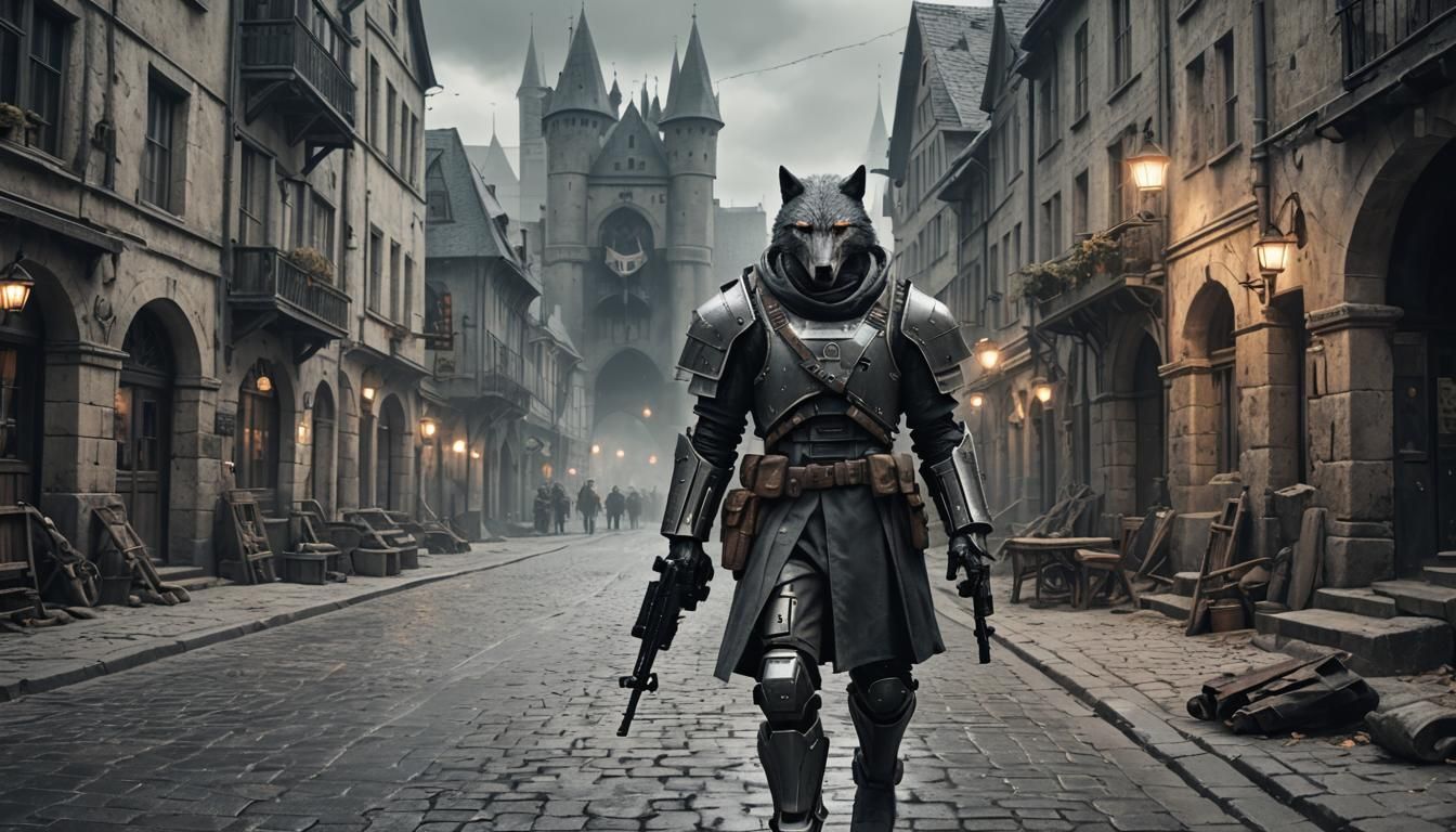 Wolf in Robot-Occupied City: Dark Digital Art