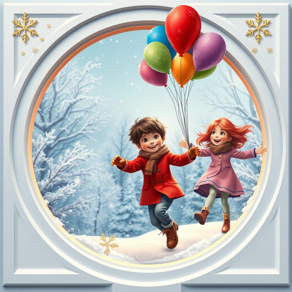 Winter Wonderland Scene with Colorful Balloons and Joyful Ch...