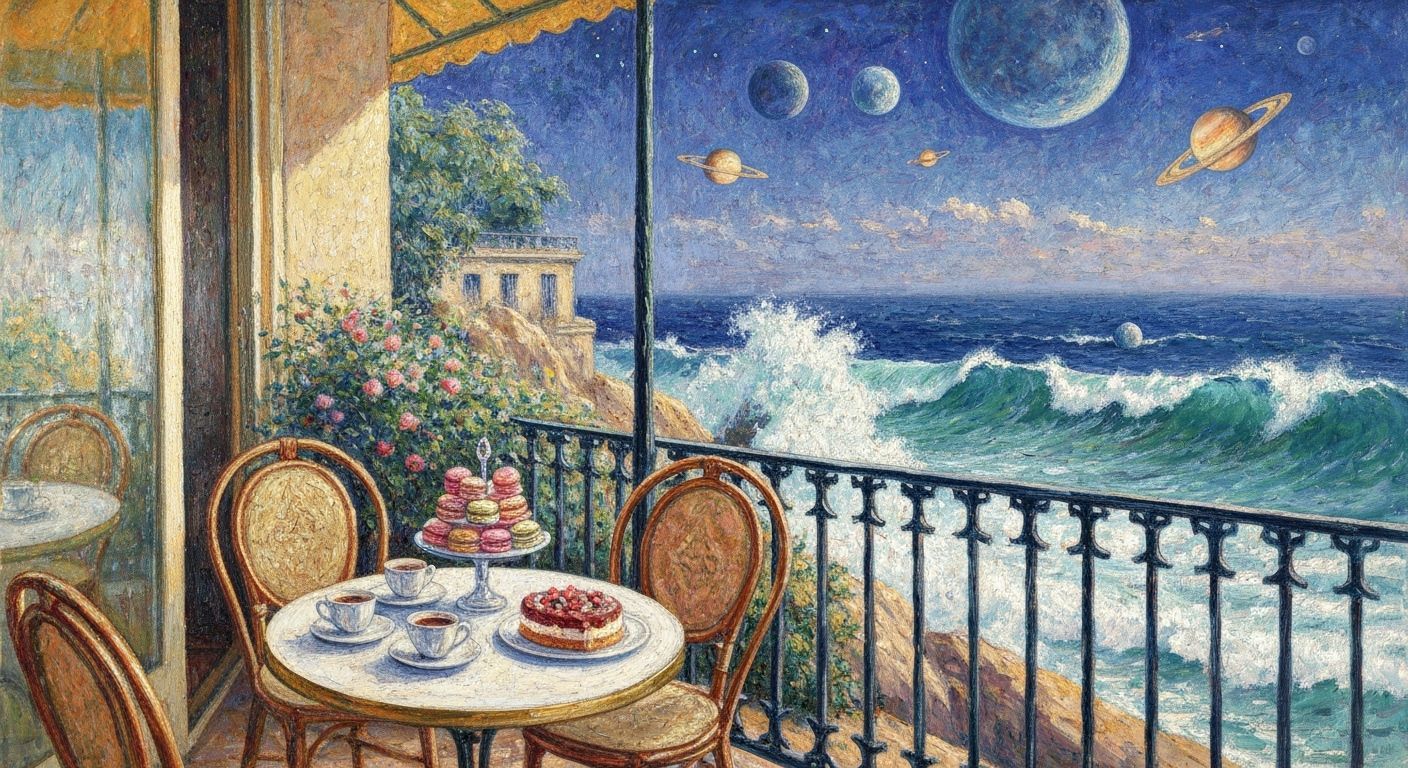 Midnight Cafe Balcony Overlooking Sea in Watercolor Style