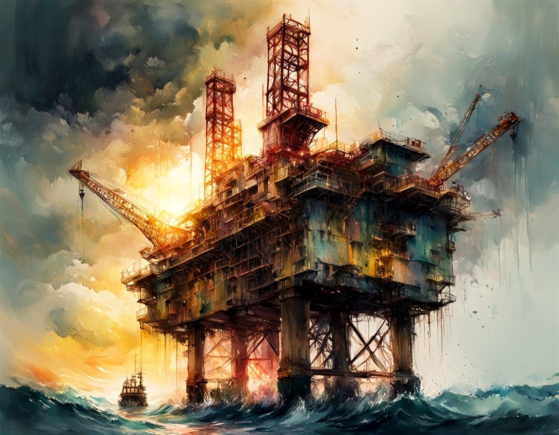 Stormy Sea Oil Rig: Hyperrealistic Concept Art