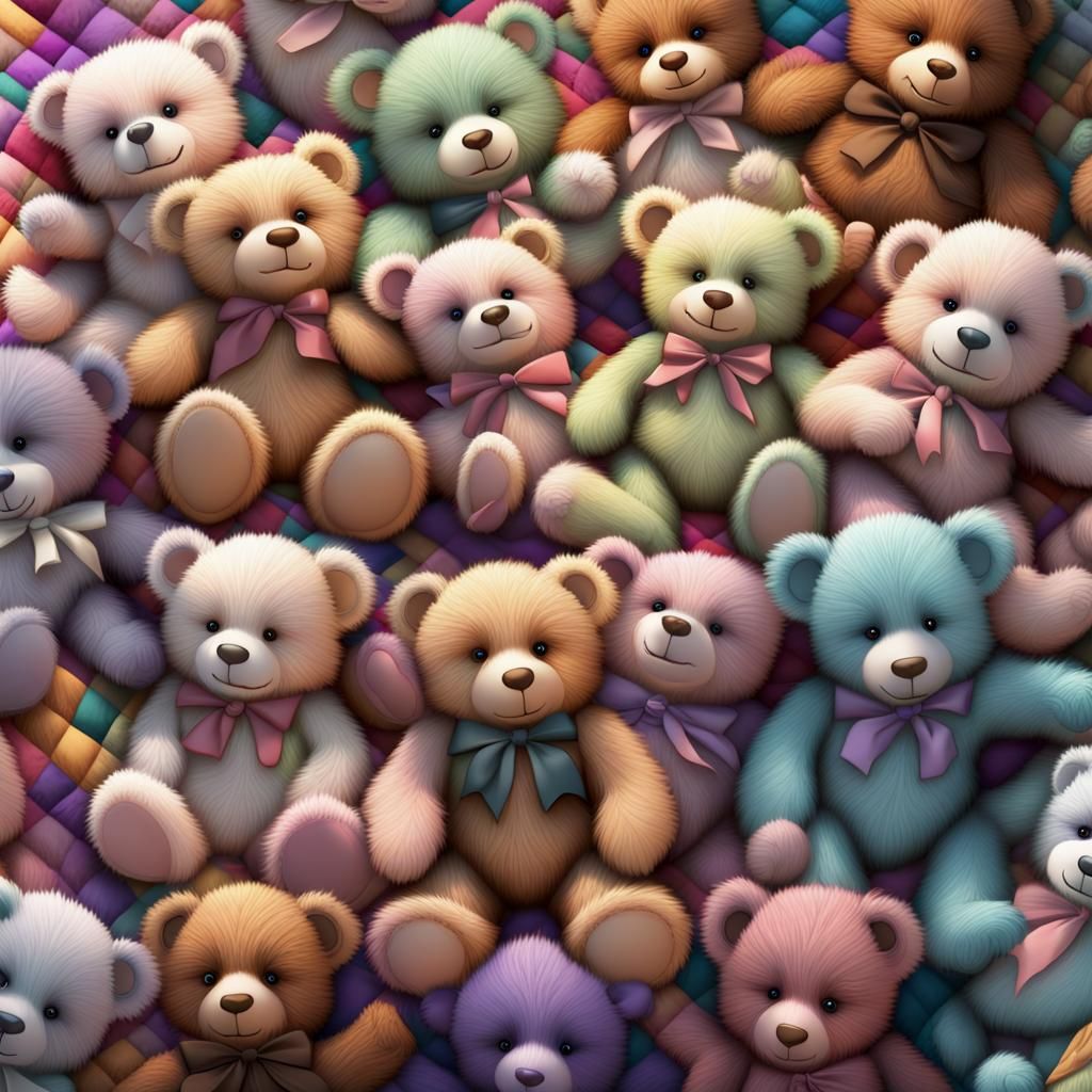 Pastel Teddy Bears on Quilt: Detailed Matte Painting