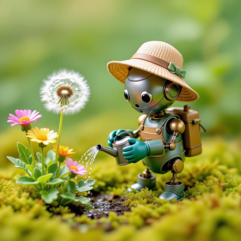 Miniature Dandelion Robot Gardener in Whimsical Garden
