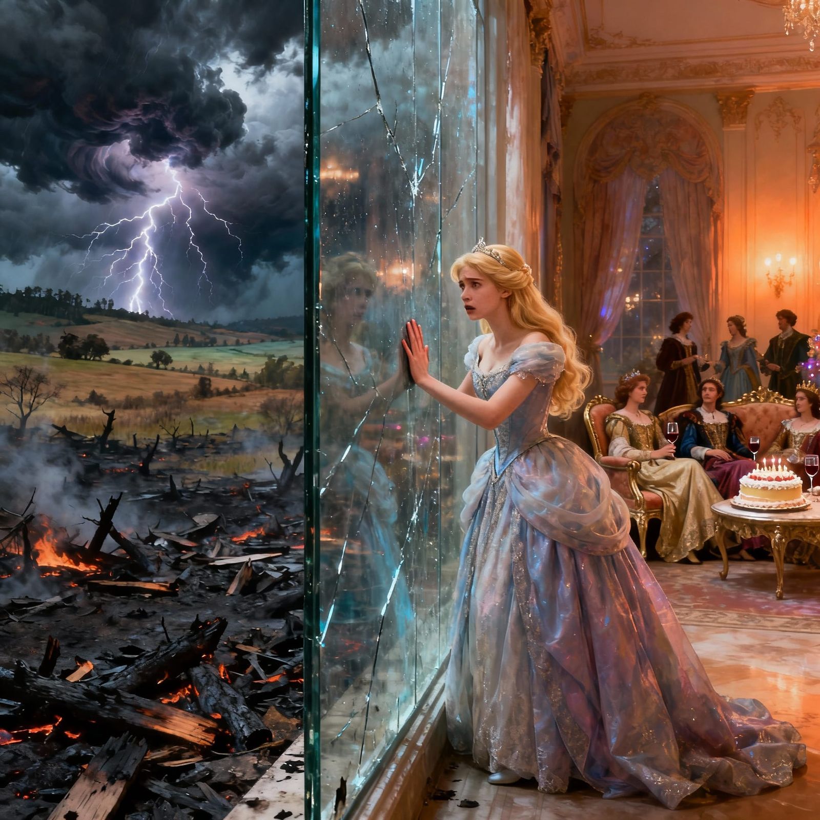 Princess Behind Glass Facing Ruined World