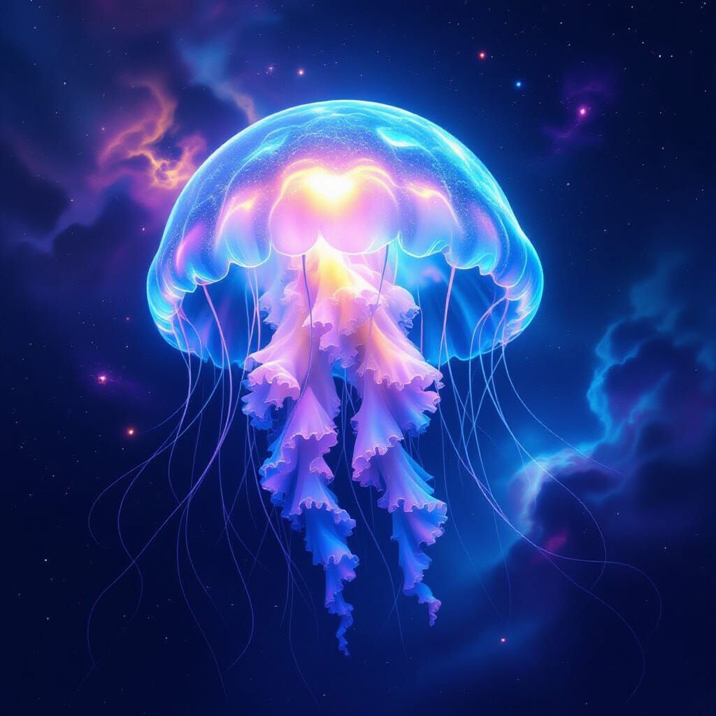 Bioluminescent Jellyfish Drifting Through Cosmic Nebula